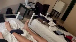 roommates bros jerking off together in bed, big and small dick