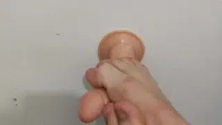 Horny teen with skinny hairy Legs masturbates and gives a footjob to his dildo