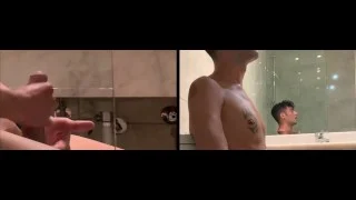 Two angles – big cock and face expressions – intense quick jerk off and cum in the bathroom