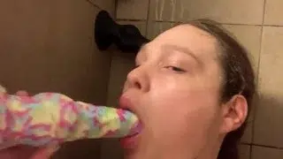 18 year old kisses and sucks their new bad dragon horse dildo all the way to the knot