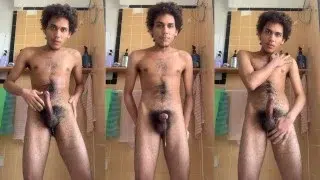 Hairy boy covers dick with saliva, pisses himself and cums