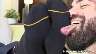 Muscular businessman Joey J bound by feet eating deviant